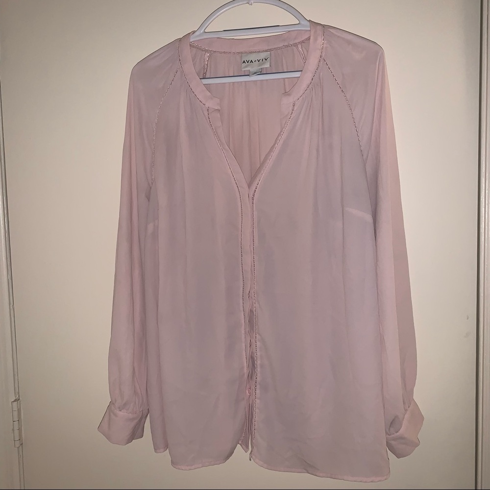 Ava and Viv Size 1X Pink Sheer Long Sleeve Button Up Blouse.